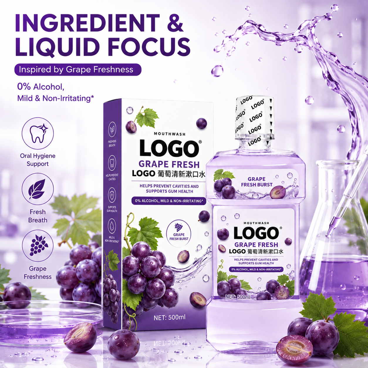 Customized 500ml Household Mouthwash with Grape Flavor Eliminates Odors Maintains Oral Hygiene Mouthwash