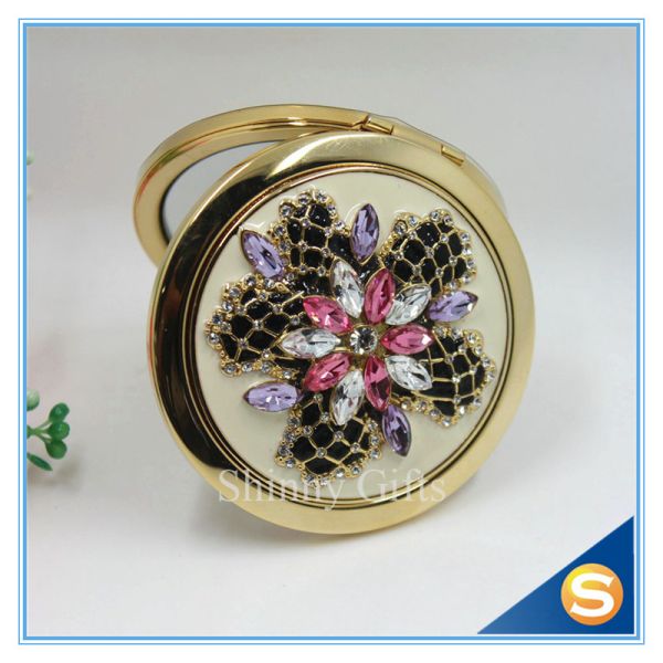 Shinny Gifts Luxury Rhinestone Flower Design Metal Compact Mirror Small Makeup Mirror For Girls Gift