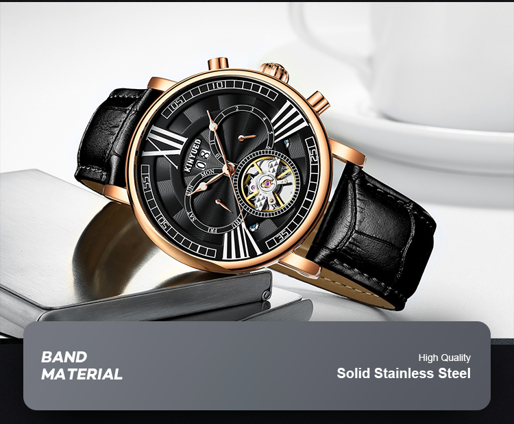 KINYUED Skeleton Leather Band Mechanical Men Watch tourbillon watch automatic