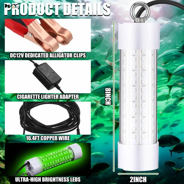 IP68 Green 45W DC 12V Submersible Fishing Light Aluminum Bright LED Underwater Lure Bait Lamp