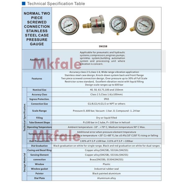SM2SB 40B / L Liquid Filled Water Pressure Gauge With Two Screwed Connection