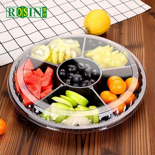 Round Disposable Fruit Packaging Box 6 Cavity Black Based With Anti Fog Clear Lid