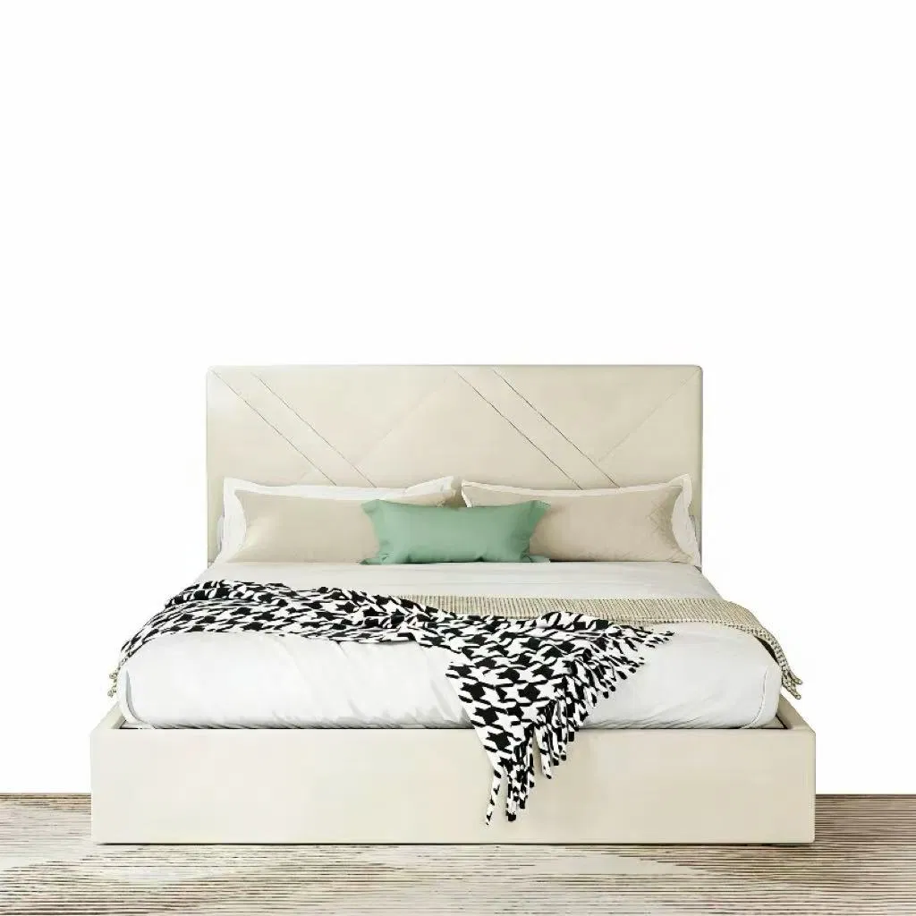 Minimalist Double Bed with Beige Leather Vertical Strip Upholstery
