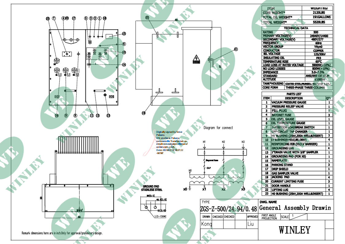 500kVA Three Phase Pad Mounted Transformer 24940V to 480V Oil Immersed Distribution Utility Transformer UL Certified