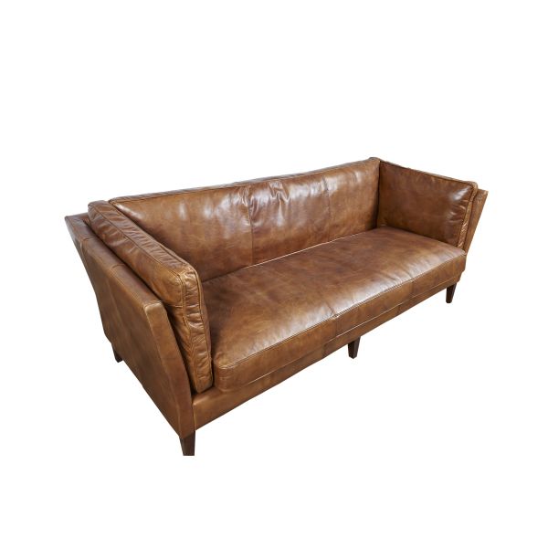 Simple Loft Style Compact 3 Seater Brown Leather Couch Wood Legs Long Service Life