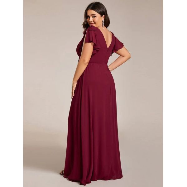 Empire Plus Size Zipper V-neck High Split A-line Short Sleeve Purple Orchid Chiffon Bridesmaid Dress With Ribbon Bow 