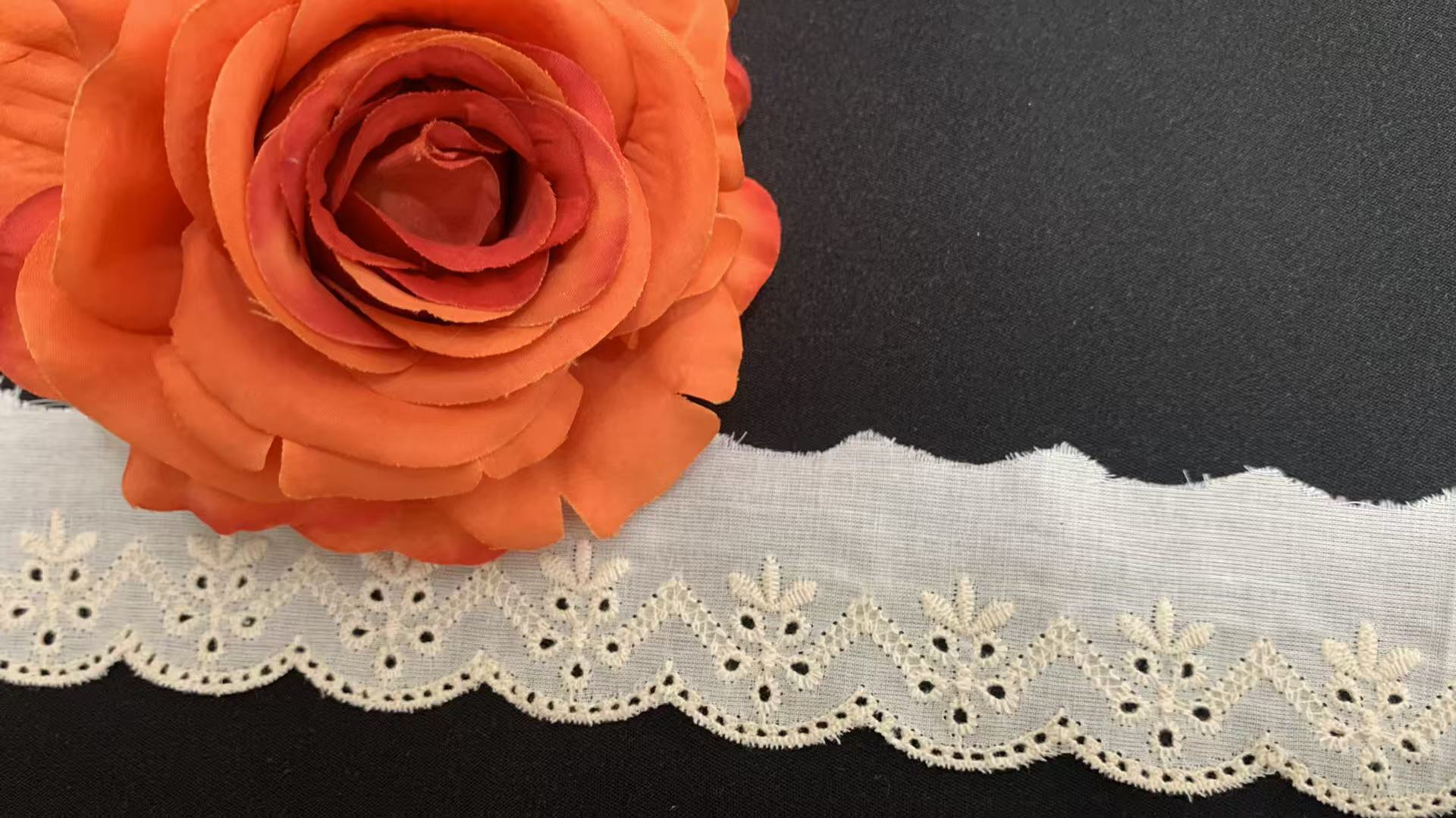 4.2cm Breathable Cotton Chicken Lace Trim with Wheat Floral Eyelet Embroidery and Double Scalloped Edge for Women Apparel