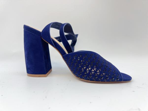Square Toe High Heel Sandals Navy Soft Nubuck Genuine Leather Sandals For Ladies
