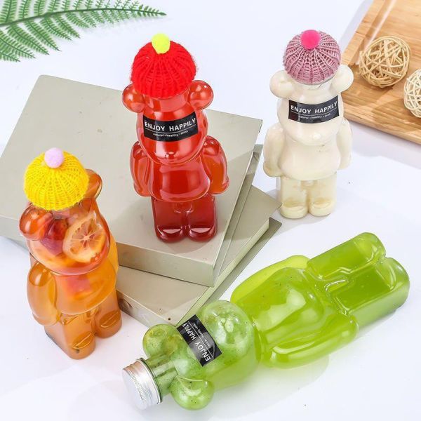 Plastic Juice Milktea Bottle with Cap Reusable Bear Shape
