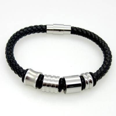 Black Stainless Steel Men's Charm Bracelet Polished Braided Leather Wrap Bracelet