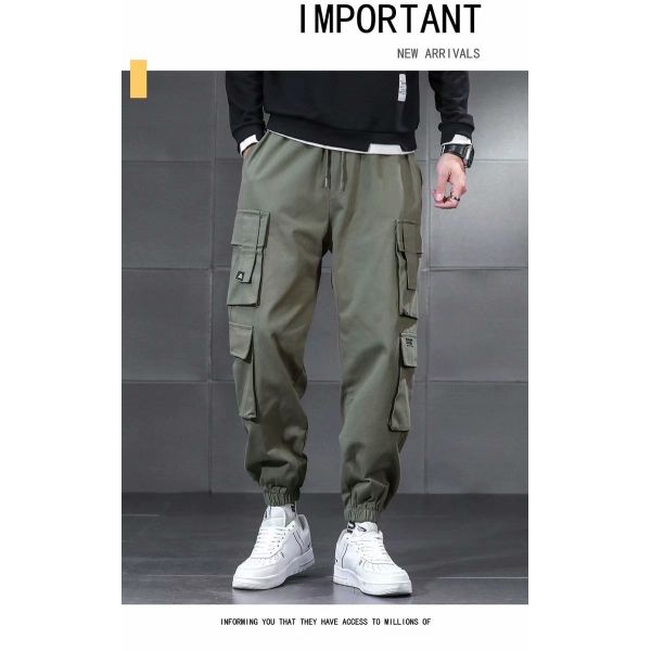 XMAMLON Custom Logo Men's Cargo Pants with Drawstring Waist and Polyester/Cotton Fabric