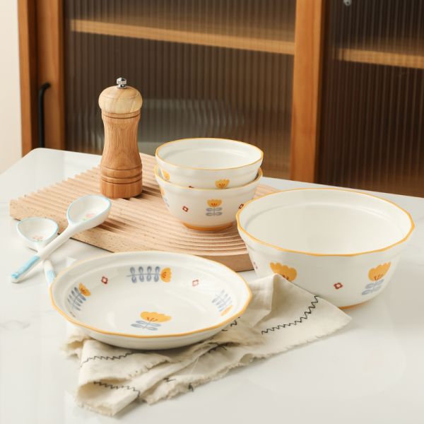 Хуан Фэнлинг Цветочные столовые принадлежности набор 6 штук для домашнего хозяйства или детей 10 дюймовой керамической чаши