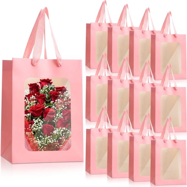 Embalaje de regalo de flores personalizado Bolsas de papel Kraft con ventana transparente y logotipo personalizado