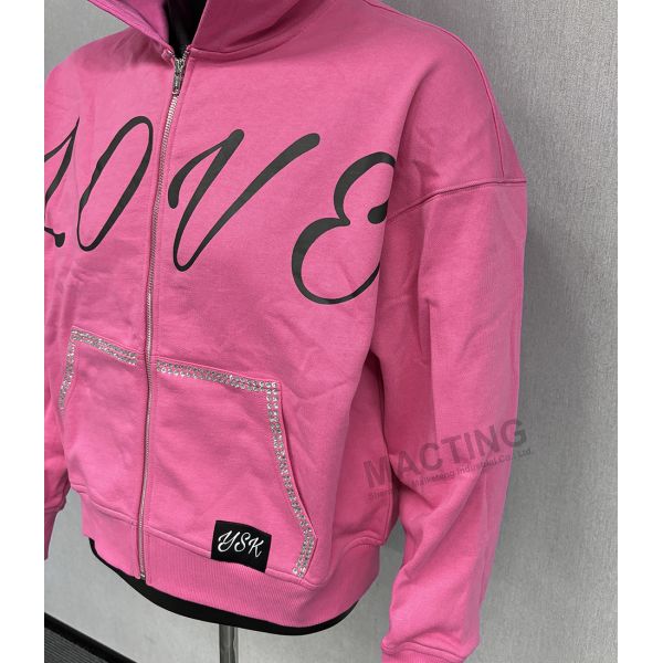 Custom Y2K Streetwear 100% Cotton Heavyweight Oversized Hoodies Silk Screen Printing Rhinestone Boxy Zip Up Hoodie