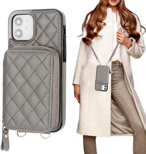 Saco de corpo cruzado iPhone 12/12 Pro, RFID blindado PU cinto de couro suporte com slot de cartão Split bag cordão de pulso
