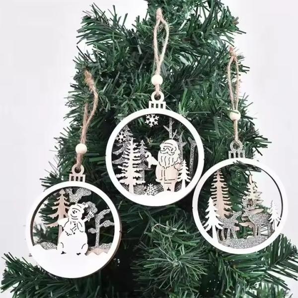 Wooden Christmas tree hanging ornaments create a Christmas family atmosphere