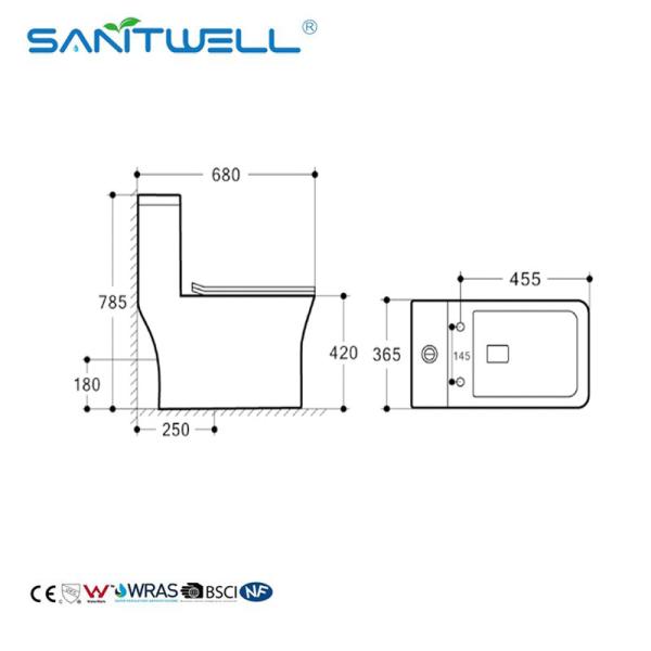 SWM8608 Rimless Ceramic One Piece Toilet Square Elongated Toilet Bowl Ceramic Single Unit Toilet