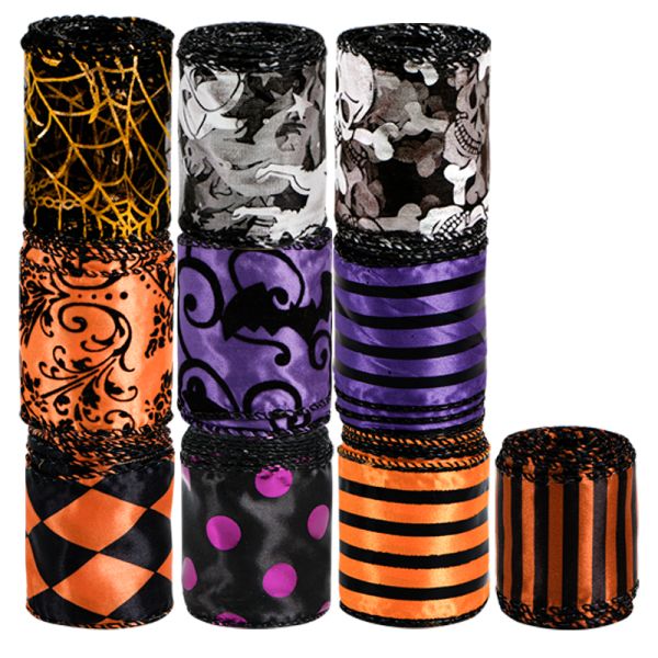 MSD 2.5 Inch Wired Edge Burlap Ribbon Halloween Pattern Ribbon for Holiday Decorate