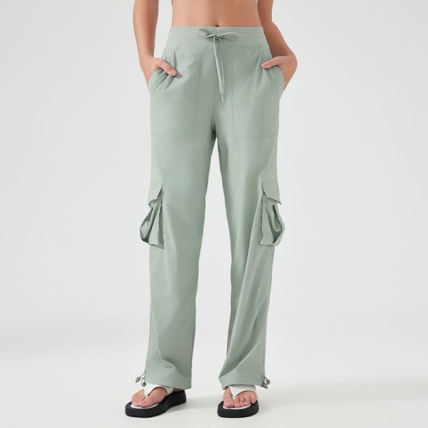 Quick Dry Multi Pocket Outdoor Hiking Pants Lightweight Beige with Drawstring Waist
