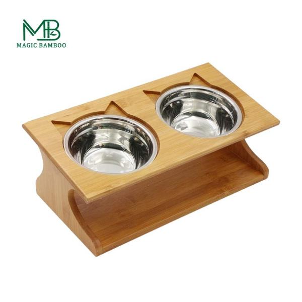 35x17.5x13cm Bambú elevado Cão gato Food Stand Feeder com 2 aço inoxidável Taças elevadas Logotipo do cliente