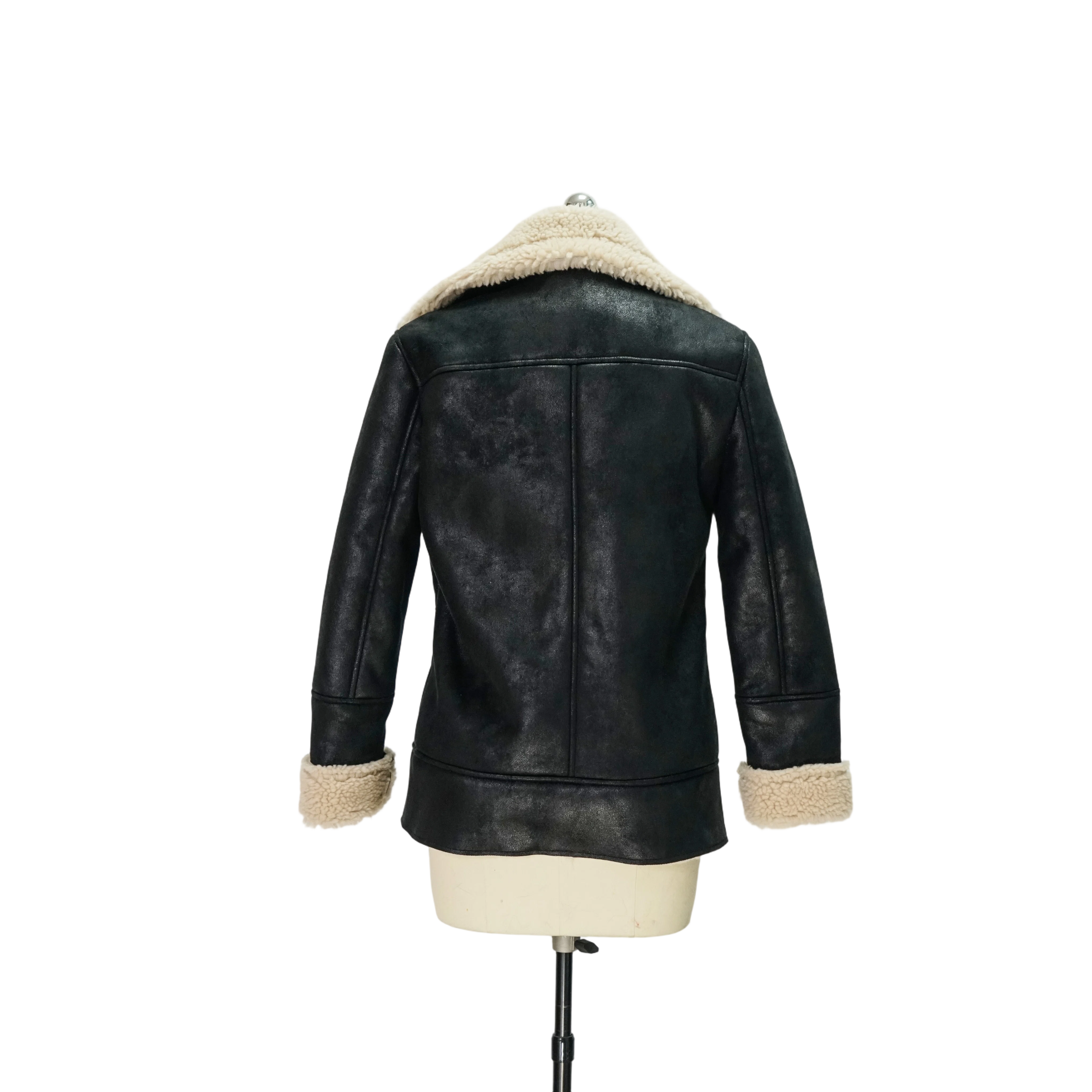 Distressed Black Composite Shearling Biker Jacket with Machine Washable Regular Fit