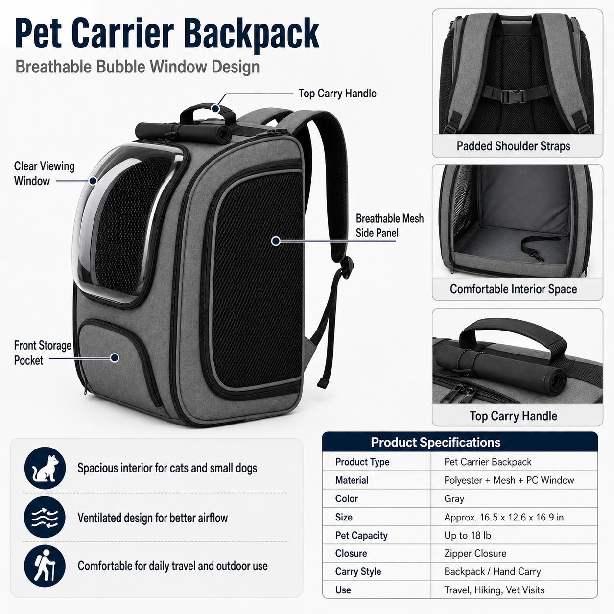 Space Capsule Cat Backpack Carrier with Transparent Bubble Window, Comfortable Breathable Pet Travel Backpack for Cats and Small Dogs, Outdoor Walking & Hiking Bag