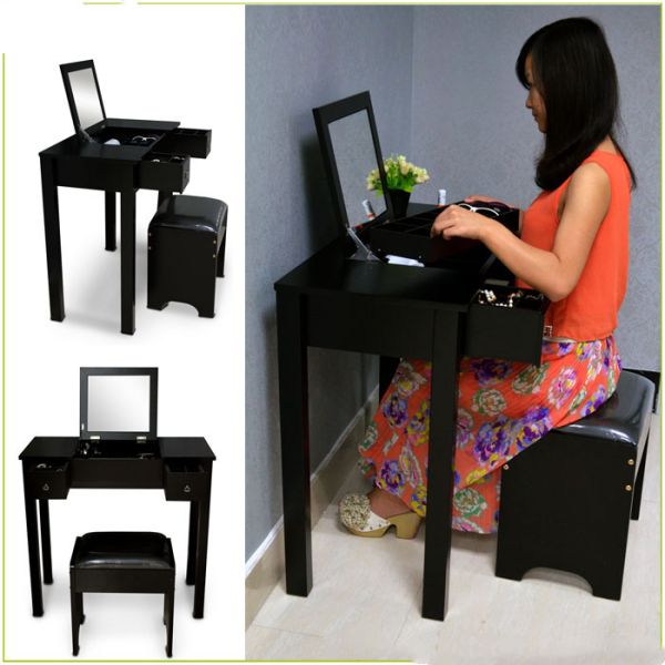 Black Solid Wood Material Large Capacity Wooden Mirror Table For Bedroom