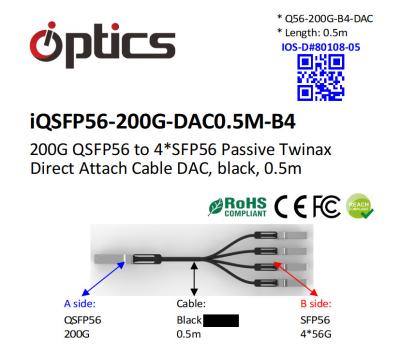 200G QSFP56 para 4x50G SFP56 Breakout DAC ((Cabel de ligação direta) (Passiva) 0.5M 200G QSFP56 DAC