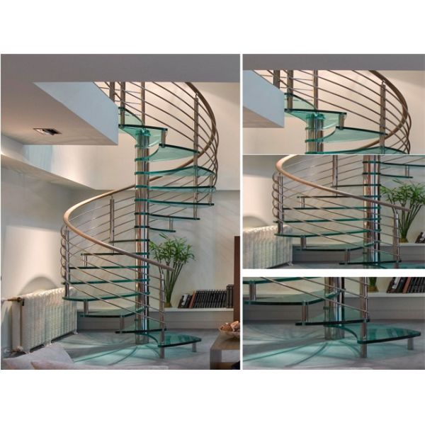 Brushed Stainless Steel Glass Space Saving Spiral Staircase With Rob Railing