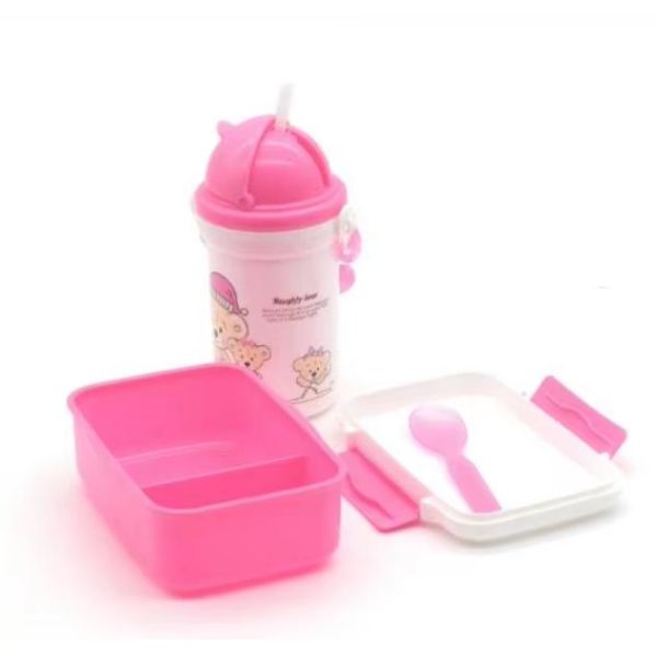 Customized Logo Acceptable Children Cartoon Lunch Box Set with 500ml Straw Kettle