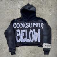 100 Cotton Hoodies For Men Terry Cut Raw Hem Embroidery Applique Sun Faded Acid Wash