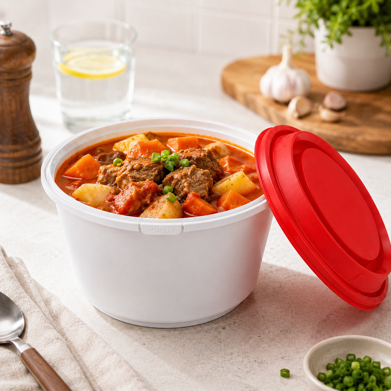Snap Lock Red Lid Tamper Evident Container 1588ml Extra Deep PP Family Meal Bowl