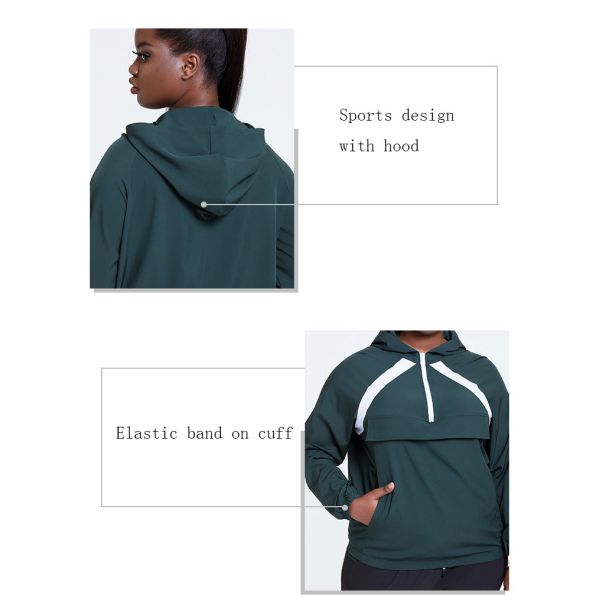 Dark Green Women'S Plus Size Yoga Wear White Splice Oversized Sports Hoodie
