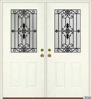decorative wrought iron glass in wooden door