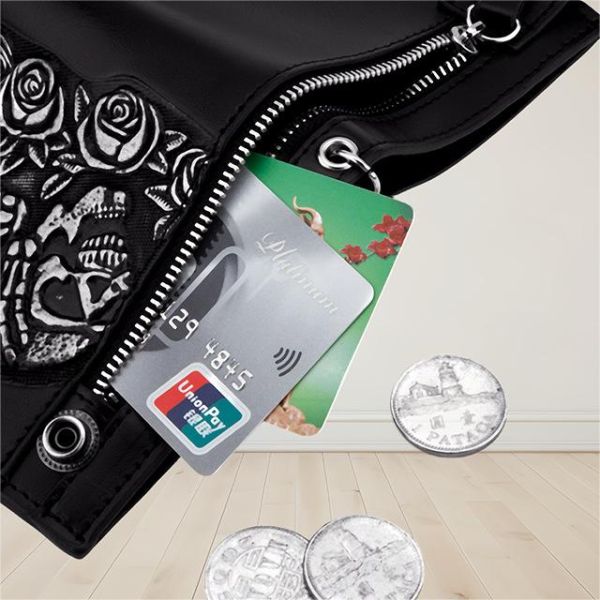 Fashionable Rose Skull Anti Theft Chain Strip Short and Long Wallet Leather Punk Wallet