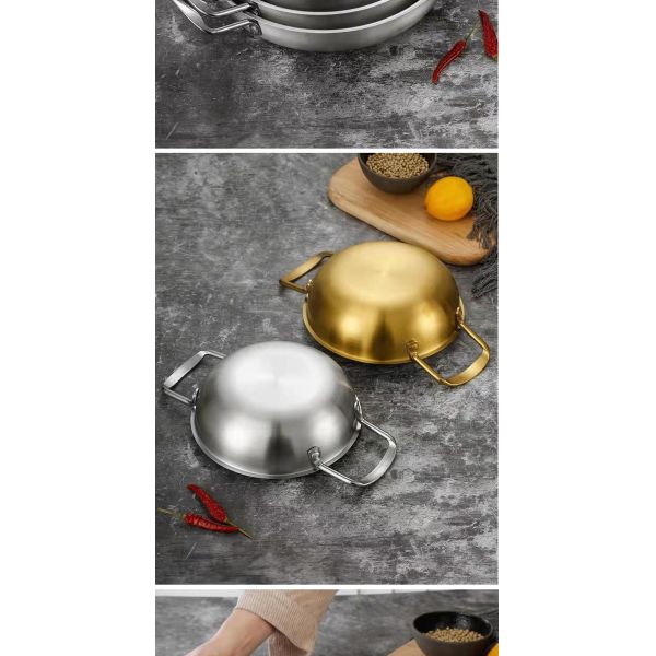 High Quality Silver Stainless Steel Cooker Flat Bottom Cooking Fry Pot Mini Seafood Pot Paella Pans