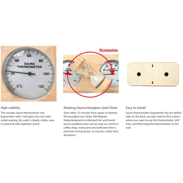 Modern Design 3 in 1 Wooden Sauna Thermometer and Hygrometer with 15 Minute Hourglass Sand Timer