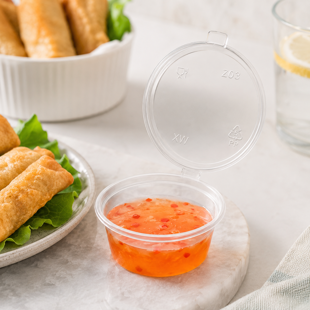75ml Large Round Clear PP Sauce Cup Hinged for Side Dishes Toppings Catering