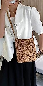 Straw Tote Bag for Women Handwoven Cotton Straw Shoulder Bag Crochet Tassel Beach Bohemian Purse for Women