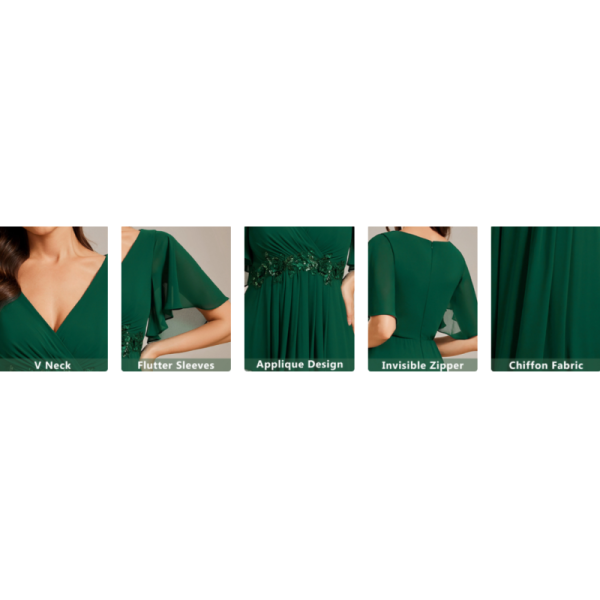 Sexy Empire Applique A-line Short Flutter Sleeves V-neck Invisible Zipper Dark Green Chiffon Evening Dress