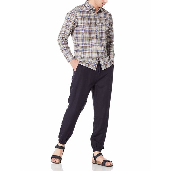 52% Linen Checkered Men'S Casual Plaid Long Sleeve Shirt with Single Side Pocket