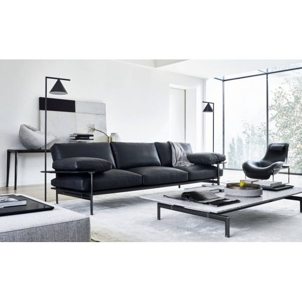 Light Luxury Minimalist Multi-seat Black Hotel Room Leather Sofa With Metal Frame