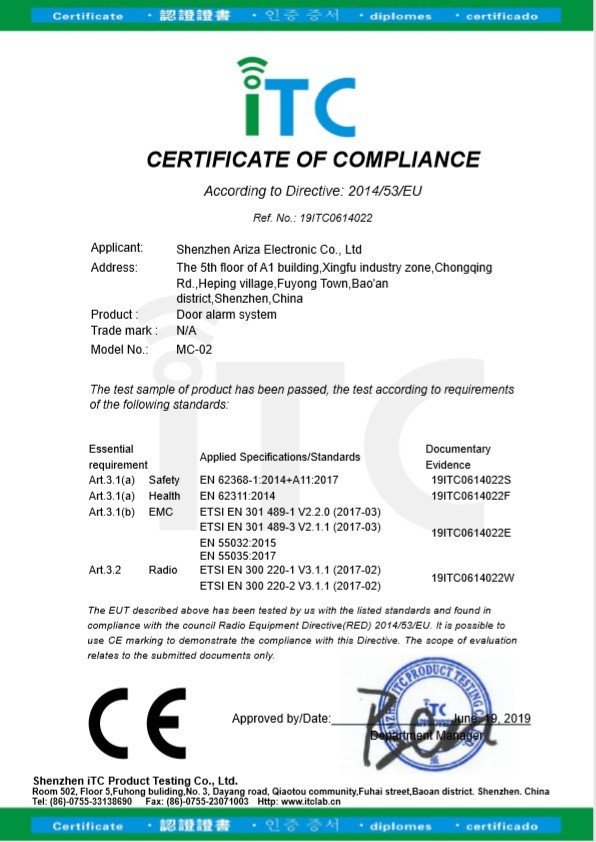 Shenzhen Ariza Electronic Co.,Ltd. Сертификации