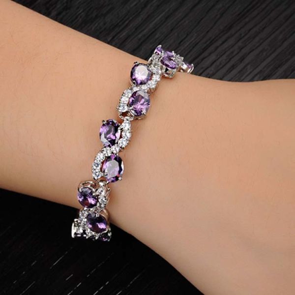 Women Platinum Plated Purple Cubic Zirconia Bracelet Wedding Jewelry(JDS924PURPLE)