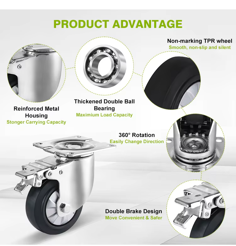 High Quality Industry Thermoplastic Rubber and Steel Caster Wheel Double Ball Bearing Swivel with Brake Mid Heavy Duty 5inch