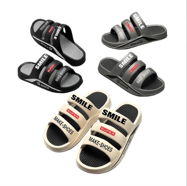 EVA Men Three Strap SMILE Letter Print Two-tone Slide Sandals