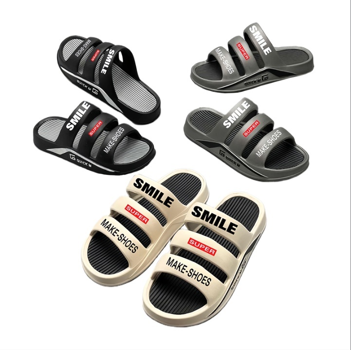 EVA Men Three Strap SMILE Letter Print Two-tone Slide Sandals