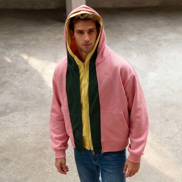 Men’s Color Block Layered Zip-Up Hoodie | Grey Green Yellow Panel Design | Oversized Streetwear