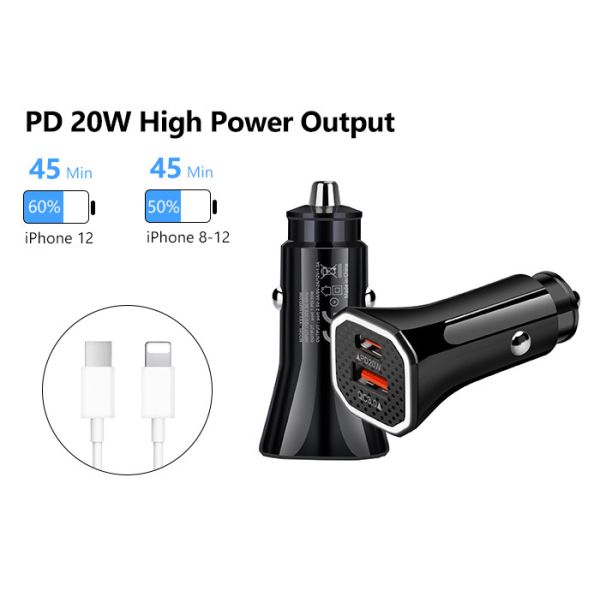 Black grey Dual Ports PD QC3.0 18W Fast Car Charger Aluminum Alloy