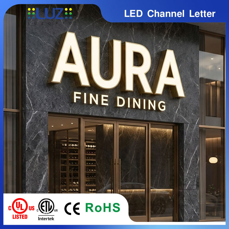 Titanium Gold Finish Plating Slim Casing Front Lit Covered Sheet LED Signage For Luxury Restaurant